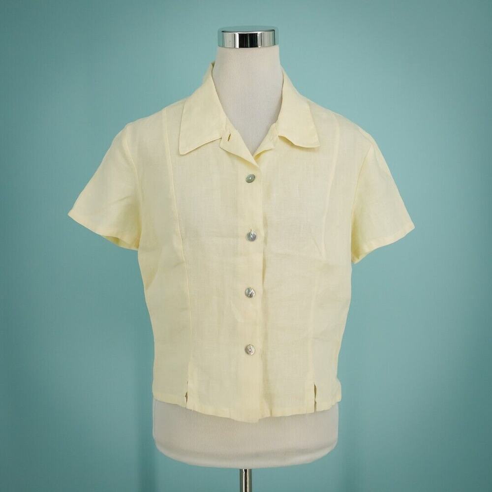 Bryn Walker Size Small S Yellow Collared Button Front Short Sleeve Linen Top